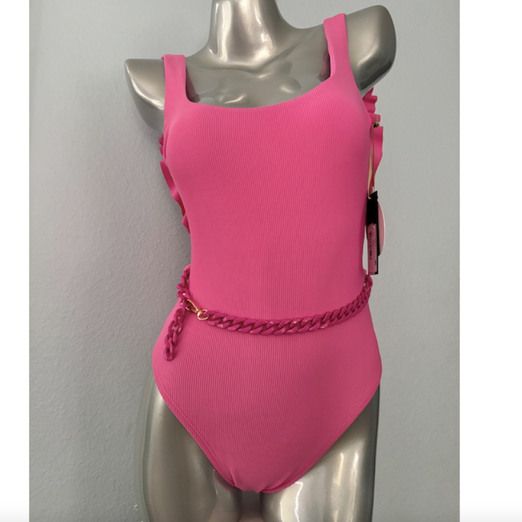 Gianni Bini X Jess Southern Nwt Pink Ribbed Belted Ruffled One Piece Swim Suit